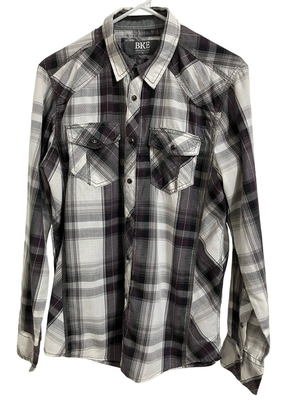 BKE Men’s Black, White, Purple & Gray Plaid Button-Down Shirt Size M